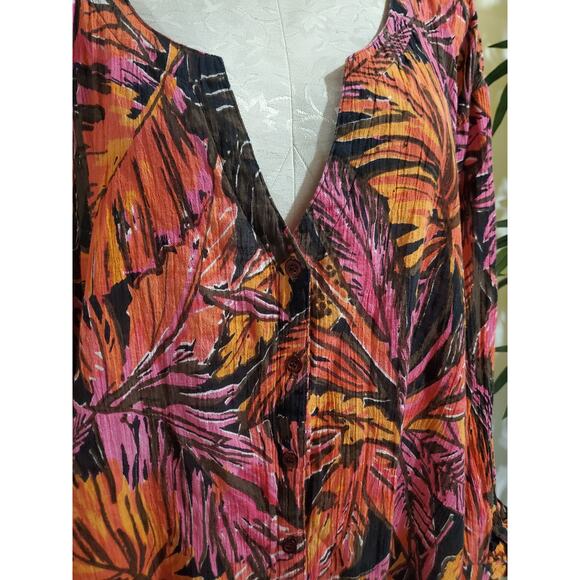 Ulla Popken Tropical Gauzy Crinkle Button Roll Tab Tunic Blouse Womens 32/34 - Picture 5 of 9